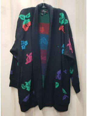 Vintage Floral Long Cardigan Sweater JJ BROWNE, Sz M, 80s 90s Flower Valley Girl